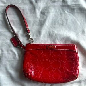 Coach Vintage Zip Wristlet / Clutch Patent Leather Red Signature Motif Stitch